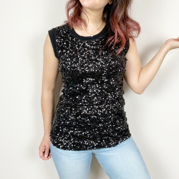tea n rose Tops - Tea n Rose black sequined roll sleeve tank top F10